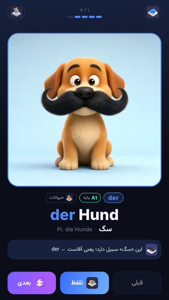 صفحه واژه der Hund با تصویر سگ سبیلو، معنی و شکل جمع